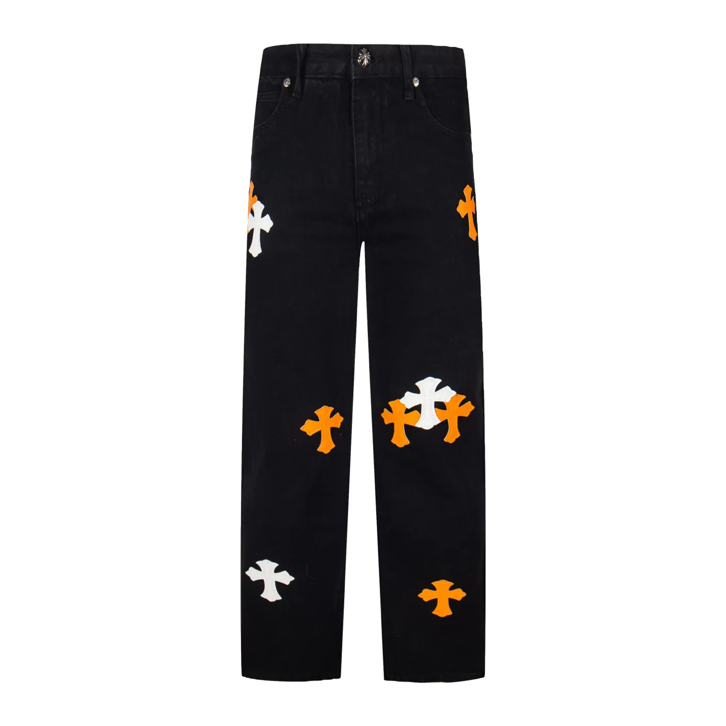 P260 Chrome Hearts Black Pants Sanskrit Yellow Patch Leather Jeans CH jeans need to be washed after the finished product is disassembled and then hand-stitched with sheepskin cross leather and then spliced ​​to complete. The whole piece has too many craftsmanship to explain. The patchwork is decorated with cross patterns, and the high-waisted washed jeans! ! Absolutely high-end luxury products, god-level single products and super popular products, made with top heavy industry, a must-see magic weapon. Customized hardware. The fabric is thick and soft after washing. It has good breathability. Customized small leather label. Unique design. The details are simple and elegant, and the workmanship is exquisite. The entire trousers are neatly routed and the details are in place! It’s so cool that both men and women can easily control the genderless trend! Style number: 1874# Color: black Size: 28 30 32 34